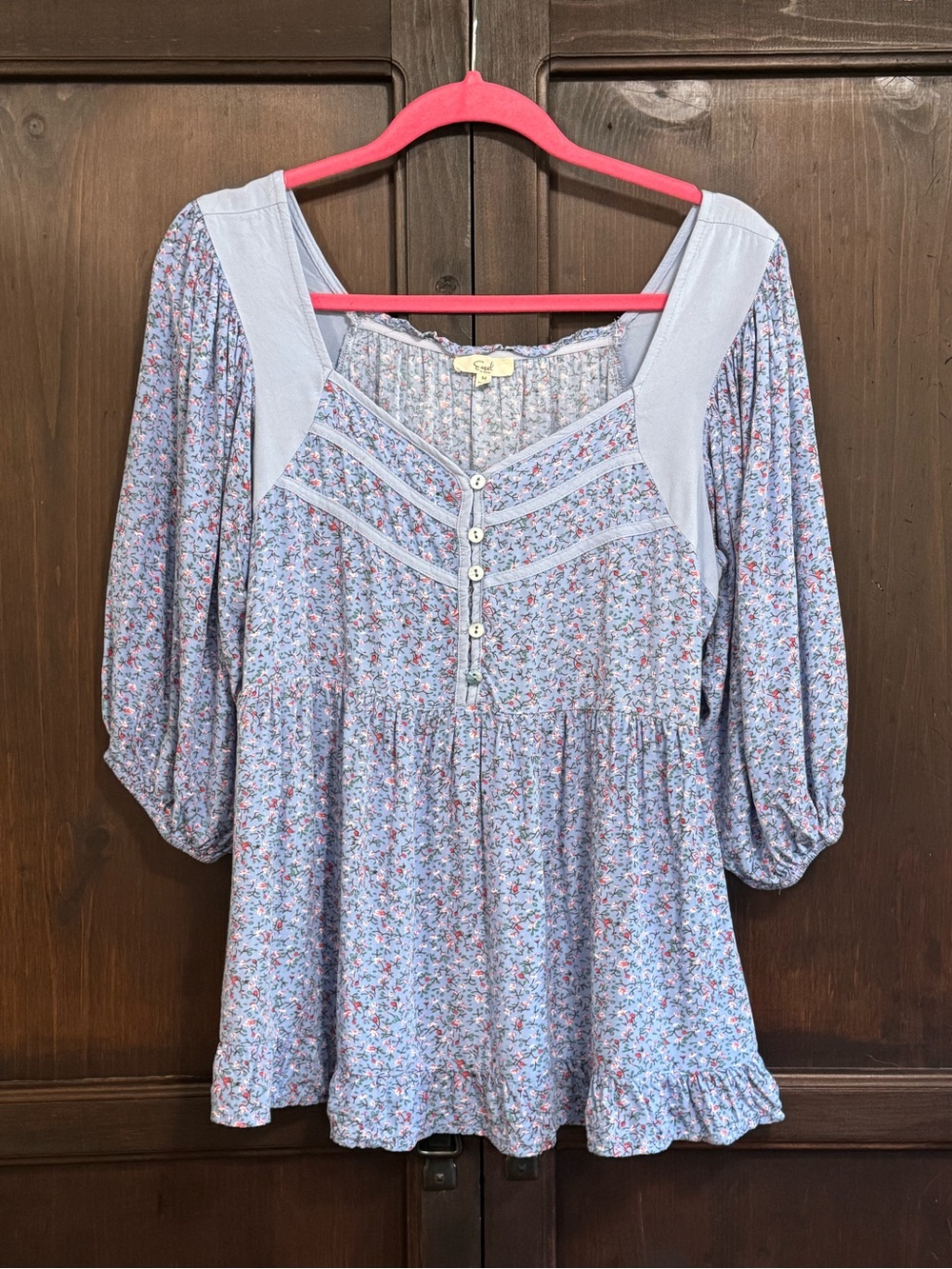 Cottagecore Easel Light Blue Floral Peasant Top size Medium